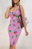 Light Purple Plaid Four Leaf Clover Graffiti Print U Neck Sleeveless Vacation Casual Bodycon Midi Tank Dress