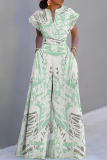 Light Green Graphics Print V Neck Short Sleeve Casual Vacation Wide Leg Jumpsuit