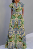 Light Green Graphics Print V Neck Short Sleeve Casual Vacation Wide Leg Jumpsuit