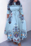 Red Graphics Print O Neck 3/4 Sleeve Belted Pockets Long Vacation Casual Pleated A Line Maxi Dresses