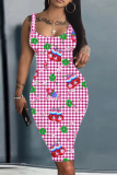 Light Purple Plaid Four Leaf Clover Graffiti Print U Neck Sleeveless Vacation Casual Bodycon Midi Tank Dress
