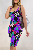 Light Purple Plaid Four Leaf Clover Graffiti Print U Neck Sleeveless Vacation Casual Bodycon Midi Tank Dress