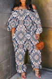 Light Khaki Casual Graphics Print Off Shoulder Long Sleeve Vacation Harem Leg Jumpsuits