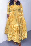 Red Graphics Print O Neck 3/4 Sleeve Belted Pockets Long Vacation Casual Pleated A Line Maxi Dresses