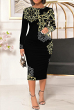 Black White Floral Print Contrast Round Neck Long Sleeve Prom Party Bodycorn Midi Dresses