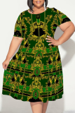 Dark Brown Casual Plaid Chain Print Leopard Contrast Round Neck Short Sleeve Loose Plus Size A-line Midi Dresses