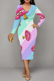 White Red Party Club Skinny Love Lips Print Contrast V Neck Long Sleeve Midi Dresses