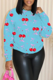 Black Casual Floral Cartoon Cherry Print Round Neck Long Sleeve Sweatshirts Tops