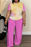Light Grey Geometric Print Round Neck Short Sleeve T-shirt and Wide Leg Pants Two Pieces Trouser Sets