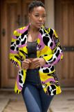 Green Casual Geometric Print Cardigan Turn-back Collar Long Sleeve Office Lady Blazer Suits