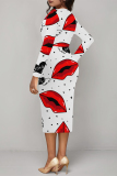 White Red Party Club Skinny Love Lips Print Contrast V Neck Long Sleeve Midi Dresses