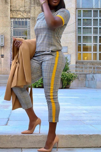 Black Casual Plaid Pocket Round Neck Short Sleeve T-shirt and Pencil Pants Slim Fit Two Pieces Sets