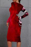 Black White Floral Print Contrast Round Neck Long Sleeve Prom Party Bodycorn Midi Dresses