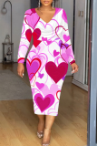 White Red Party Club Skinny Love Lips Print Contrast V Neck Long Sleeve Midi Dresses