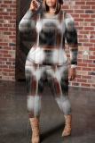 Blue Purple Plaid Geometric Print Round Neck Long Sleeve Tops and Pencil Pants Two Pieces Trouser Sets