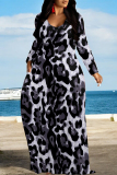 Leopard Print U Neck Long Sleeve Pocket Contrast Loose Vacation Maxi Dresses