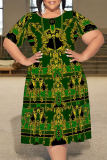 Dark Brown Casual Plaid Chain Print Leopard Contrast Round Neck Short Sleeve Loose Plus Size A-line Midi Dresses
