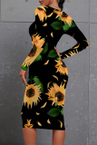 Black White Floral Print Contrast Round Neck Long Sleeve Prom Party Bodycorn Midi Dresses