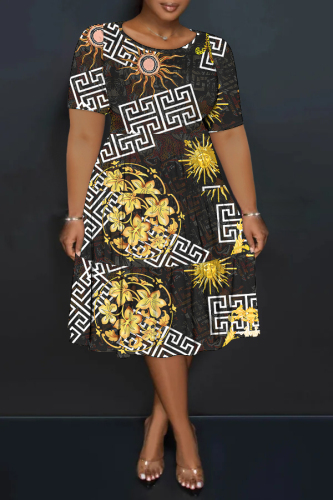 Dark Brown Casual Plaid Chain Print Leopard Contrast Round Neck Short Sleeve Loose Plus Size A-line Midi Dresses