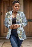 Green Casual Geometric Print Cardigan Turn-back Collar Long Sleeve Office Lady Blazer Suits