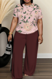 Light Grey Geometric Print Round Neck Short Sleeve T-shirt and Wide Leg Pants Two Pieces Trouser Sets