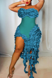 Red Skinny Party Club Ruffle Trim Backless Strapless Tassel Midi Tube Dresses