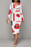 White Red Party Club Skinny Love Lips Print Contrast V Neck Long Sleeve Midi Dresses