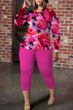 Khaki Casual Floral Leaf Print Round Neck Long Sleeve Tops and Pencil Pants Two Pieces Trouser Sets