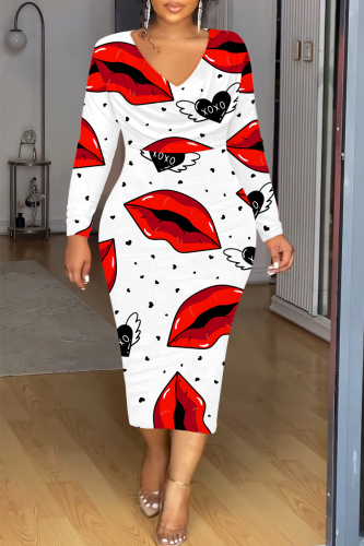 White Red Party Club Skinny Love Lips Print Contrast V Neck Long Sleeve Midi Dresses