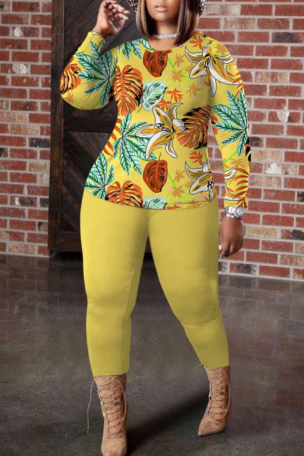 Khaki Casual Floral Leaf Print Round Neck Long Sleeve Tops and Pencil Pants Two Pieces Trouser Sets