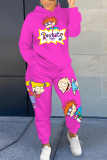 Denim Blue Sportwear Contrast Letter Cartoon Print Hooded Long Sleeve Sweatshirt and Sweatpants Fall Winter Two Pieces Sweatsuits Sets