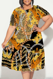 Dark Brown Casual Plaid Chain Print Leopard Contrast Round Neck Short Sleeve Loose Plus Size A-line Midi Dresses