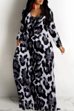 Leopard Print U Neck Long Sleeve Pocket Contrast Loose Vacation Maxi Dresses