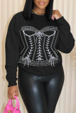 Black Casual Floral Cartoon Cherry Print Round Neck Long Sleeve Sweatshirts Tops
