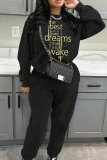 Black Sportwear Letter Print Round Neck Long Sleeve Sweatshirt and Pencil Sweatpants Fall Winter Two Pieces Sweatsuits Sets