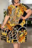 Dark Brown Casual Plaid Chain Print Leopard Contrast Round Neck Short Sleeve Loose Plus Size A-line Midi Dresses