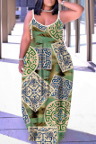 Apricot Floral Abstract Print Backless Spaghetti Strap Sleeveless Vacation Loose Long Maxi Slip Dresses