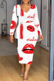 White Red Party Club Skinny Love Lips Print Contrast V Neck Long Sleeve Midi Dresses