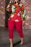 Khaki Casual Floral Leaf Print Round Neck Long Sleeve Tops and Pencil Pants Two Pieces Trouser Sets