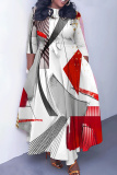 Blue Casual Geometric Pattern Print Belted Round Neck Three Quarter Sleeve A-line Long Swing Dresses