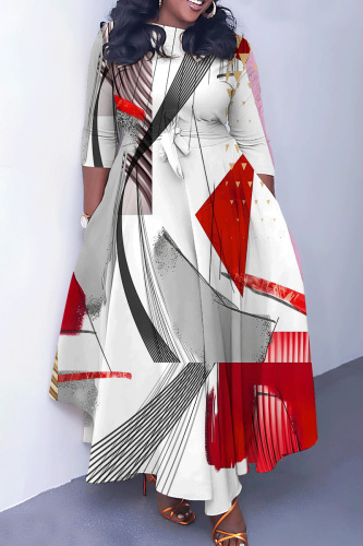 Blue Casual Geometric Pattern Print Belted Round Neck Three Quarter Sleeve A-line Long Swing Dresses