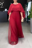 Purple Red Prom Party Club Ruffle Mesh Round Neck Shawl Sleeve Ball Gown Long Maxi Dresses