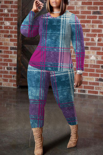 Blue Purple Plaid Geometric Print Round Neck Long Sleeve Tops and Pencil Pants Two Pieces Trouser Sets
