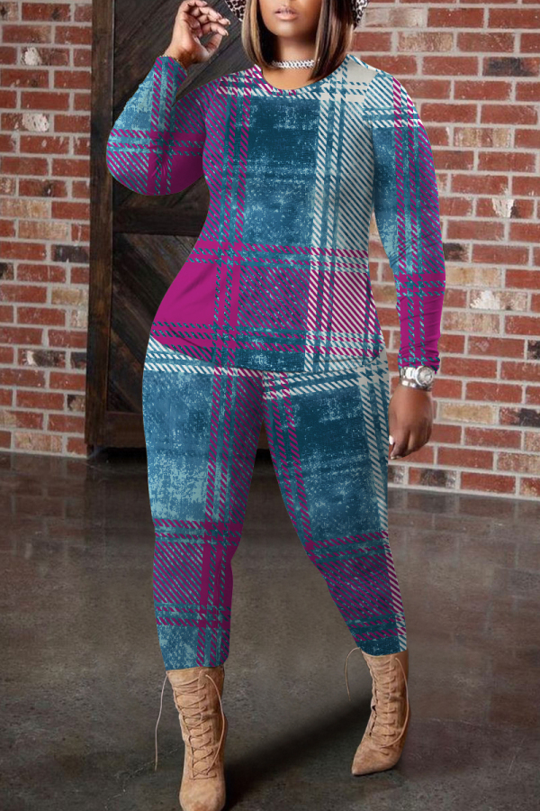 Blue Purple Plaid Geometric Print Round Neck Long Sleeve Tops and Pencil Pants Two Pieces Trouser Sets