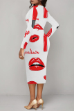White Red Party Club Skinny Love Lips Print Contrast V Neck Long Sleeve Midi Dresses