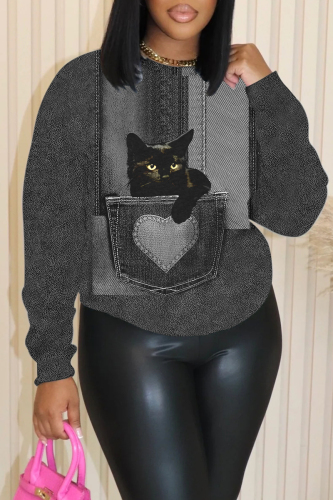 Dark Grey Casual Cat Print Round Neck Long Sleeve Sweatshirts Tops