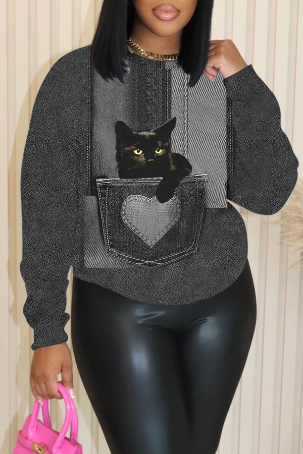 Dark Grey Casual Cat Print Round Neck Long Sleeve Sweatshirts Tops