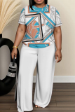 Light Grey Geometric Print Round Neck Short Sleeve T-shirt and Wide Leg Pants Two Pieces Trouser Sets