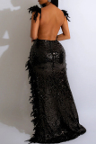 Black Nightclub Prom Party Sequins Feathers High Slit Backless Spaghetti Strap Sling Maxi Dresses