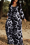 Leopard Print U Neck Long Sleeve Pocket Contrast Loose Vacation Maxi Dresses